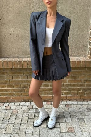 Gray Strap Waist-Cinching Fitted Suit & Pleated Skirt Set - City Girl Style for Trendy Outfits, Perfect for 90s and Y2K Fashion