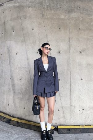 Gray Strap Waist-Cinching Fitted Suit & Pleated Skirt Set - City Girl Style for Trendy Outfits, Perfect for 90s and Y2K Fashion