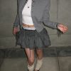 Gray Striped Drawstring Cake Skirt with Rhinestone Cardigan - Sweet and Spicy Miu Flavor, Y2K Style, Trendy Layered Outfit