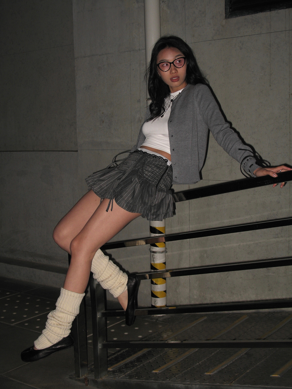 Gray Striped Drawstring Cake Skirt with Rhinestone Cardigan - Sweet and Spicy Miu Flavor, Y2K Style, Trendy Layered Outfit Gray Striped Drawstring Cake Skirt with Rhinestone Cardigan - Sweet and Spicy Miu Flavor, Y2K Style, Trendy Layered Outfit