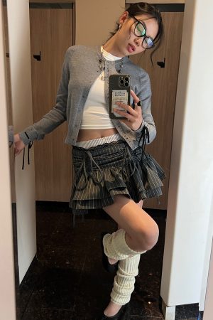 Gray Striped Drawstring Cake Skirt with Rhinestone Cardigan - Sweet and Spicy Miu Flavor, Y2K Style, Trendy Layered Outfit