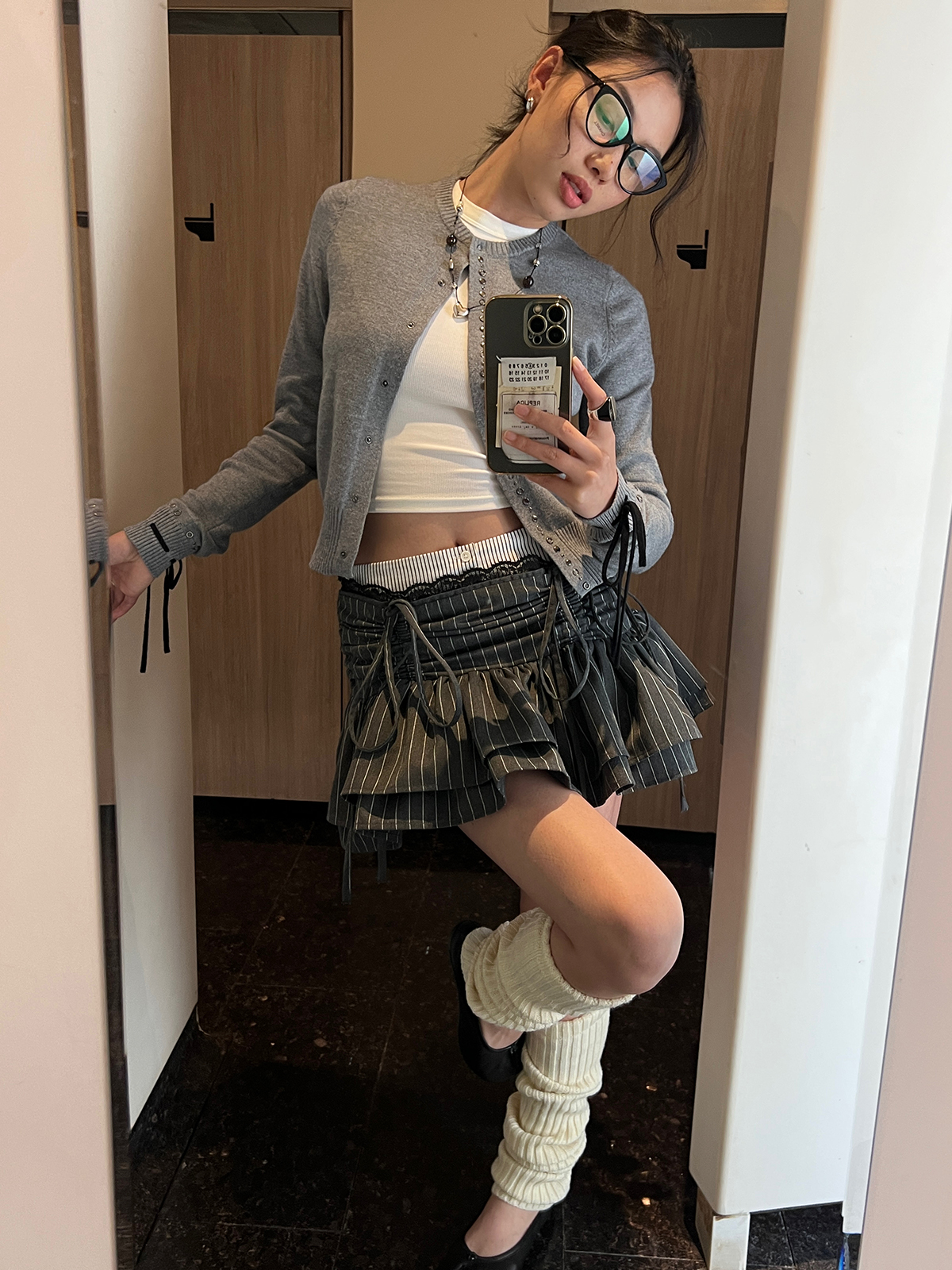 Gray Striped Drawstring Cake Skirt with Rhinestone Cardigan - Sweet and Spicy Miu Flavor, Y2K Style, Trendy Layered Outfit Gray Striped Drawstring Cake Skirt with Rhinestone Cardigan - Sweet and Spicy Miu Flavor, Y2K Style, Trendy Layered Outfit