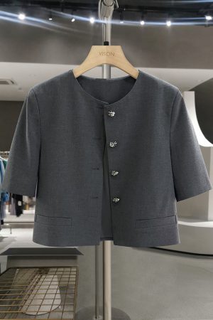 Gray Textured Lightweight Suit Jacket for Women - Slimming Summer Style, Mature Streetwear, 2025 Fashion Trend