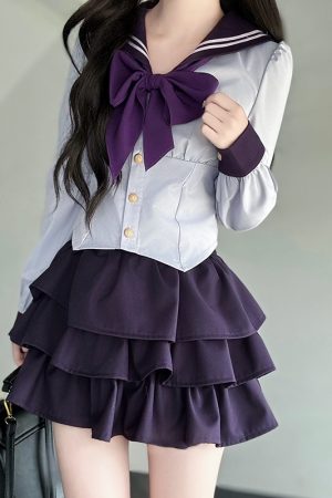 Gray Women's Summer JK Uniform Set with Puff Skirt and Cake Skirt - Trendy 2024 College Style