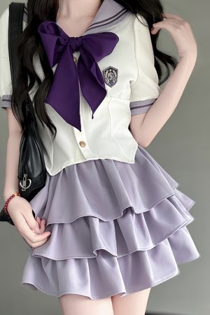 Gray Women's Summer JK Uniform Set with Puff Skirt and Cake Skirt - Trendy 2024 College Style