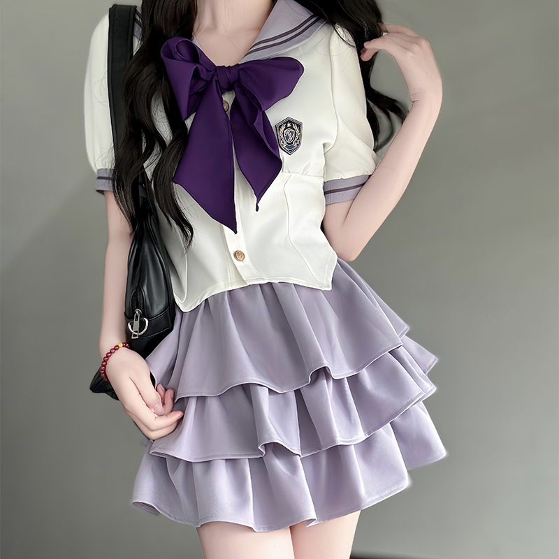 Gray Women's Summer JK Uniform Set with Puff Skirt and Cake Skirt - Trendy 2024 College Style Gray Women's Summer JK Uniform Set with Puff Skirt and Cake Skirt - Trendy 2024 College Style