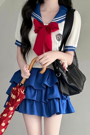 Gray Women's Summer JK Uniform Set with Puff Skirt and Cake Skirt - Trendy 2024 College Style