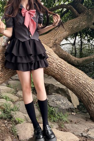 Gray Women's Summer JK Uniform Set with Puff Skirt and Cake Skirt - Trendy 2024 College Style