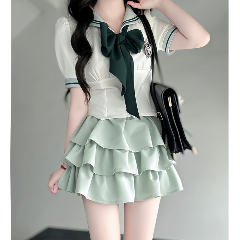 Gray Women's Summer JK Uniform Set with Puff Skirt and Cake Skirt - Trendy 2024 College Style Gray Women's Summer JK Uniform Set with Puff Skirt and Cake Skirt - Trendy 2024 College Style