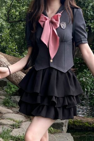 Gray Women's Summer JK Uniform Set with Puff Skirt and Cake Skirt - Trendy 2024 College Style
