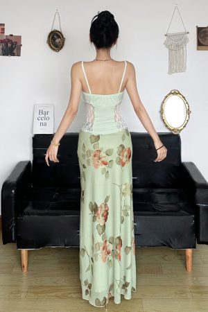Green and Fresh Floral Mesh Midi Skirt - Women's Elegant Chinese Style Draped Design for a Chic Look