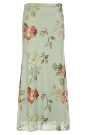 Green and Fresh Floral Mesh Midi Skirt - Women's Elegant Chinese Style Draped Design for a Chic Look
