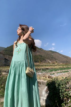 Green Apple Berry Plaid Embroidered Vest Dress for Women - Summer Loose A-Line High Waist Flared Long Skirt, Vintage Style