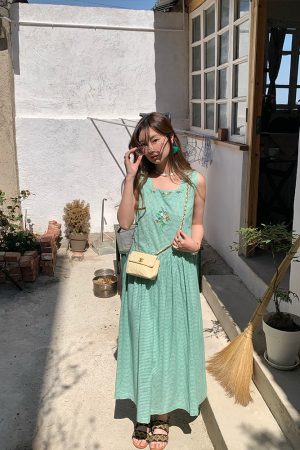 Green Apple Berry Plaid Embroidered Vest Dress for Women - Summer Loose A-Line High Waist Flared Long Skirt, Vintage Style