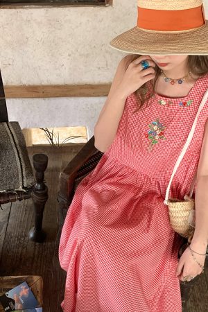 Green Apple Berry Plaid Embroidered Vest Dress for Women - Summer Loose A-Line High Waist Flared Long Skirt, Vintage Style