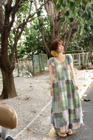 Green Field Ripples Retro Patchwork Chiffon Layered Dress for Women - Vintage Summer Forest Style Long Dress