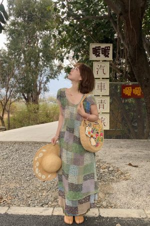 Green Field Ripples Retro Patchwork Chiffon Layered Dress for Women - Vintage Summer Forest Style Long Dress