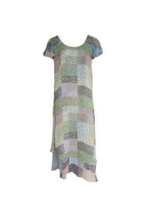 Green Field Ripples Retro Patchwork Chiffon Layered Dress for Women - Vintage Summer Forest Style Long Dress
