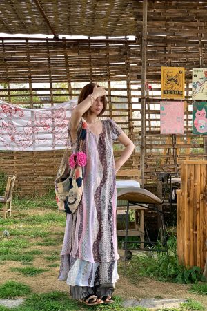 Green Field Ripples Retro Patchwork Chiffon Layered Dress for Women - Vintage Summer Forest Style Long Dress