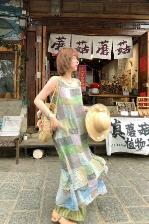 Green Field Ripples Retro Patchwork Chiffon Layered Dress for Women - Vintage Summer Forest Style Long Dress