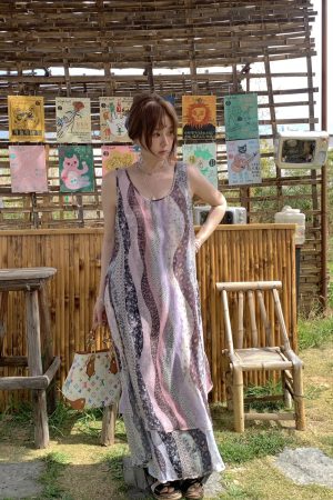 Green Field Ripples Retro Patchwork Chiffon Layered Dress for Women - Vintage Summer Forest Style Long Dress