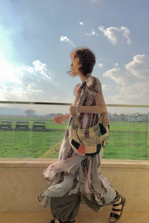 Green Field Ripples Retro Patchwork Chiffon Layered Dress for Women - Vintage Summer Forest Style Long Dress