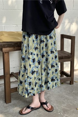 Green Floral Print A-Line Midi Skirt for Women - High-Waisted, Loose Chiffon, Plus Size, Summer Fashion Essential