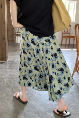Green Floral Print A-Line Midi Skirt for Women - High-Waisted, Loose Chiffon, Plus Size, Summer Fashion Essential