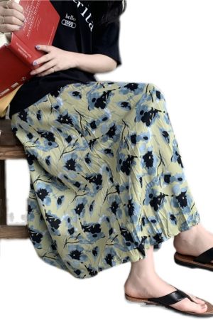 Green Floral Print A-Line Midi Skirt for Women - High-Waisted, Loose Chiffon, Plus Size, Summer Fashion Essential