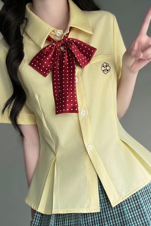 Green Folded Edge Short Sleeve Shirt for Women - Pudding Bear Original JK Uniform College Style, Summer Waist-Defined Design