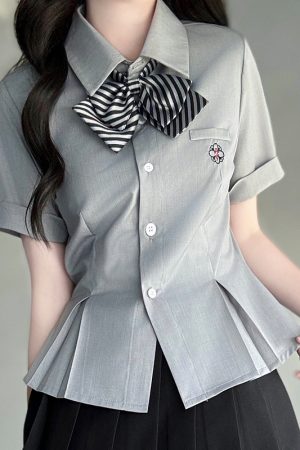 Green Folded Edge Short Sleeve Shirt for Women - Pudding Bear Original JK Uniform College Style, Summer Waist-Defined Design