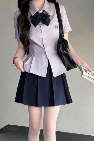 Green Folded Edge Short Sleeve Shirt for Women - Pudding Bear Original JK Uniform College Style, Summer Waist-Defined Design