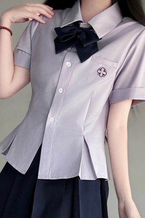 Green Folded Edge Short Sleeve Shirt for Women - Pudding Bear Original JK Uniform College Style, Summer Waist-Defined Design