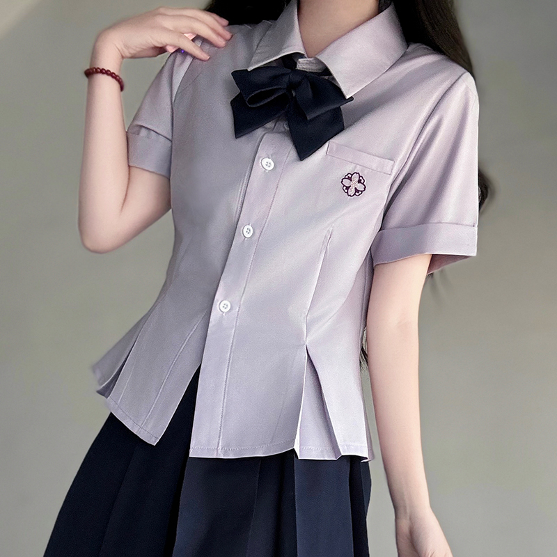 Green Folded Edge Short Sleeve Shirt for Women - Pudding Bear Original JK Uniform College Style, Summer Waist-Defined Design