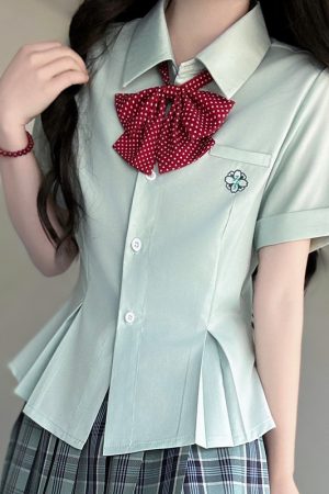Green Folded Edge Short Sleeve Shirt for Women - Pudding Bear Original JK Uniform College Style, Summer Waist-Defined Design