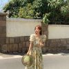 Green Grapefruit Lemon Tea Floral Linen Dress for Women - Vintage Summer Puff Sleeve Long Dress