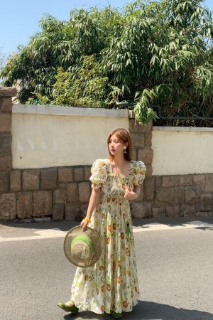 Green Grapefruit Lemon Tea Floral Linen Dress for Women - Vintage Summer Puff Sleeve Long Dress