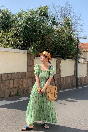 Green Grapefruit Lemon Tea Floral Linen Dress for Women - Vintage Summer Puff Sleeve Long Dress