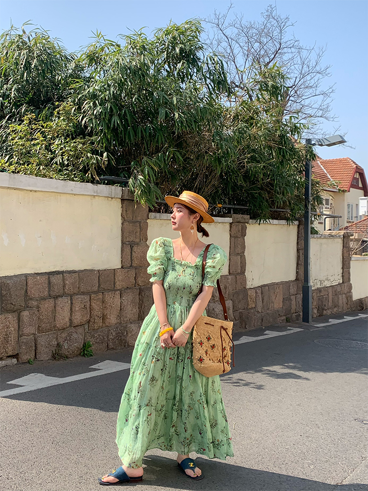 Green Grapefruit Lemon Tea Floral Linen Dress for Women - Vintage Summer Puff Sleeve Long Dress Green Grapefruit Lemon Tea Floral Linen Dress for Women - Vintage Summer Puff Sleeve Long Dress