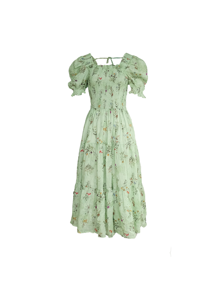 Green Grapefruit Lemon Tea Floral Linen Dress for Women - Vintage Summer Puff Sleeve Long Dress Green Grapefruit Lemon Tea Floral Linen Dress for Women - Vintage Summer Puff Sleeve Long Dress