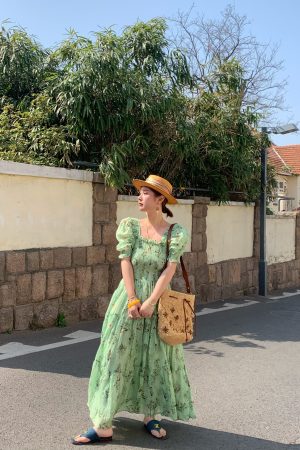 Green Grapefruit Lemon Tea Floral Linen Dress for Women - Vintage Summer Puff Sleeve Long Dress