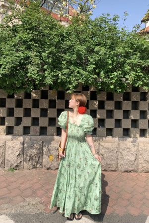 Green Grapefruit Lemon Tea Floral Linen Dress for Women - Vintage Summer Puff Sleeve Long Dress