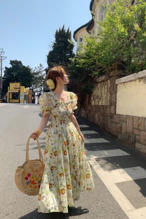 Green Grapefruit Lemon Tea Floral Linen Dress for Women - Vintage Summer Puff Sleeve Long Dress