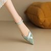 Green High-Heeled Sandals for Women - Genuine Leather, Closed-Toe, Thin Heel, Single Strap, Chanel Style, Elegant Evening Footwear