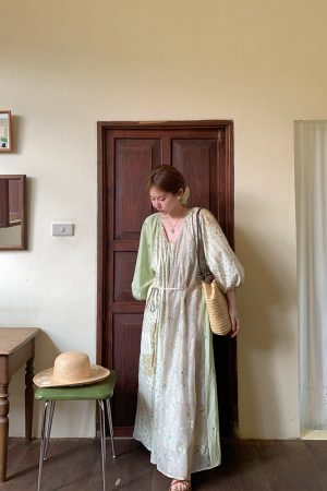 Green Island Long Summer Floral Dress - Women's Loose Embroidered Mesh Spliced Puff Sleeve Maxi Dress, Vintage Style