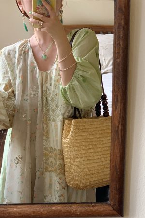 Green Island Long Summer Floral Dress - Women's Loose Embroidered Mesh Spliced Puff Sleeve Maxi Dress, Vintage Style