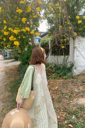 Green Island Long Summer Floral Dress - Women's Loose Embroidered Mesh Spliced Puff Sleeve Maxi Dress, Vintage Style