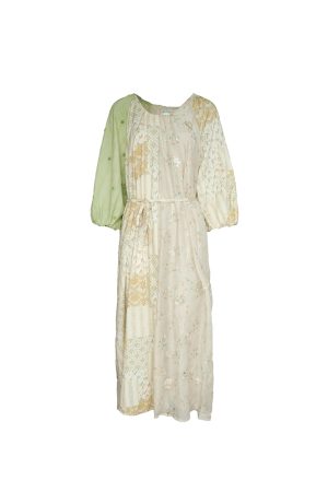 Green Island Long Summer Floral Dress - Women's Loose Embroidered Mesh Spliced Puff Sleeve Maxi Dress, Vintage Style