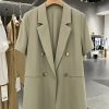 Green Lightweight British-Style Short Sleeve Blazer for Women, Vintage Charm with Metal Buttons, 2025 Summer Fashion
