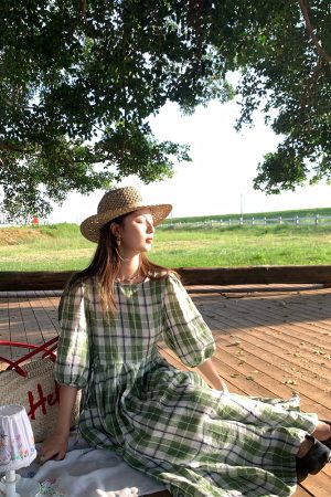 Green Plaid Linen Short Sleeve Dress for Women - Summer Loose Puff Sleeve Vintage Style Dress - Perfect for Casual Outings